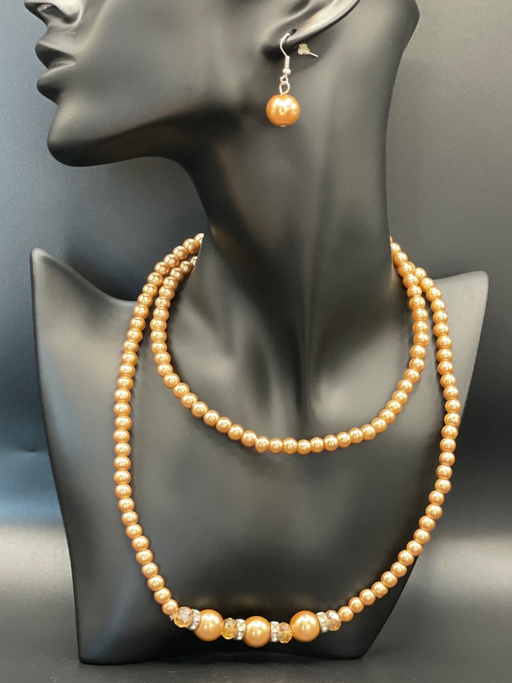 Champagne Gold Faux Pearl Jewelry Set Opera Length 30” Vintage NOS